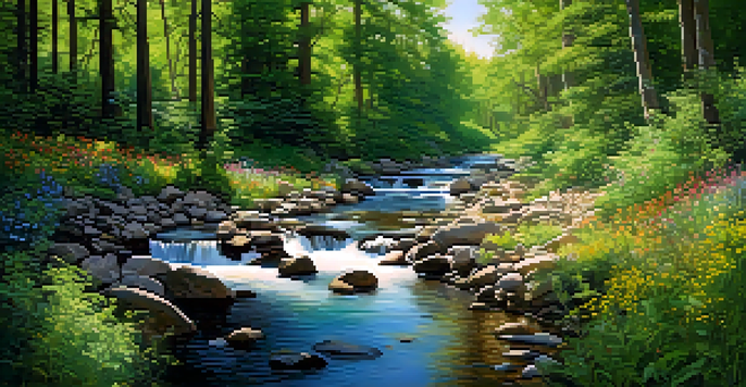 A peaceful forest scene with sunlight, a stream, and blooming wildflowers.