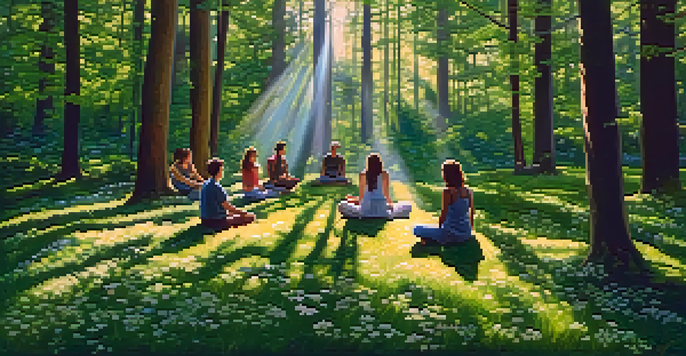 A peaceful forest scene with sunlight shining through trees and people meditating in a circle among wildflowers.