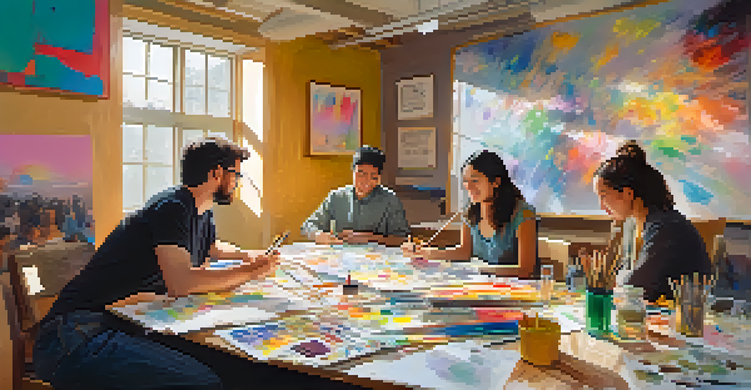 A group of people engaged in a vibrant brainstorming session around a table with art supplies, sharing ideas and sketches.