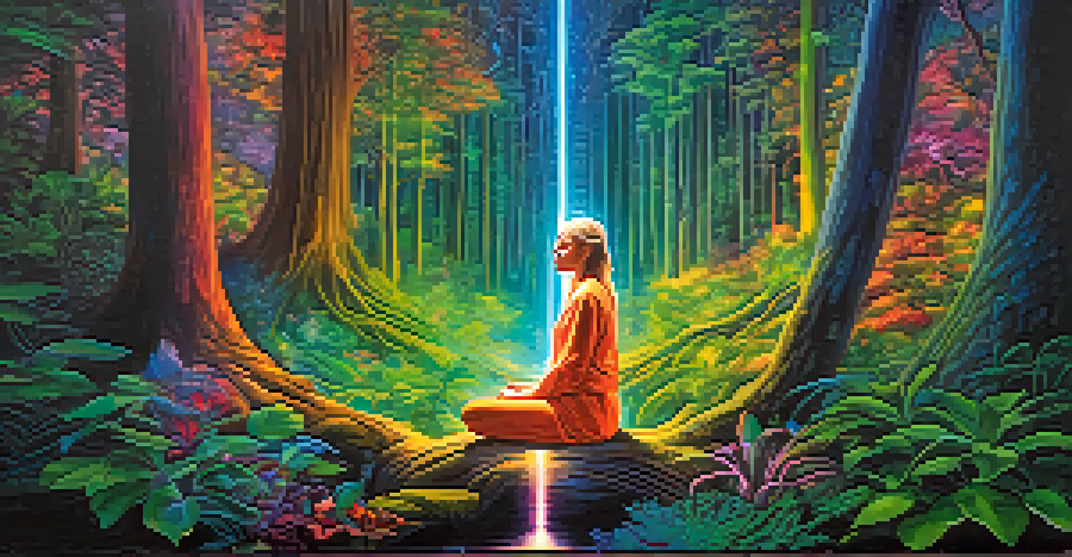 A serene figure meditating in a vibrant forest, surrounded by swirling colors and lights.