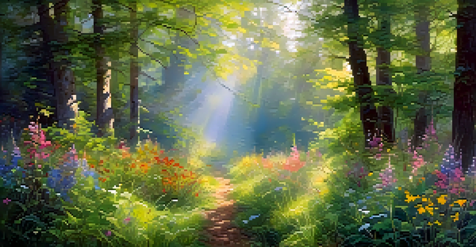 A peaceful forest glade with colorful wildflowers and soft sunlight filtering through the leaves, surrounded by mist.