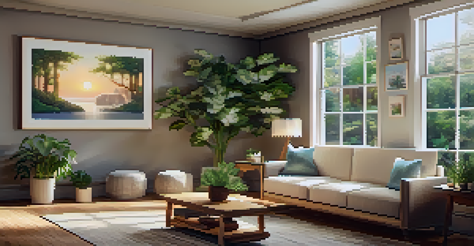 A cozy therapy room with soft lighting, plants, and comfortable furniture.