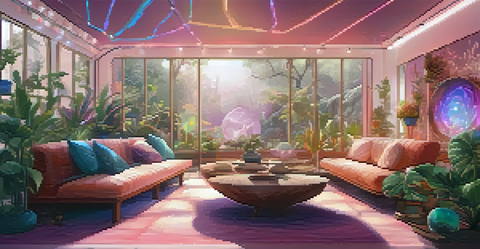 A tranquil indoor space with soft lighting and comfortable seating, decorated with plants and calming artwork.