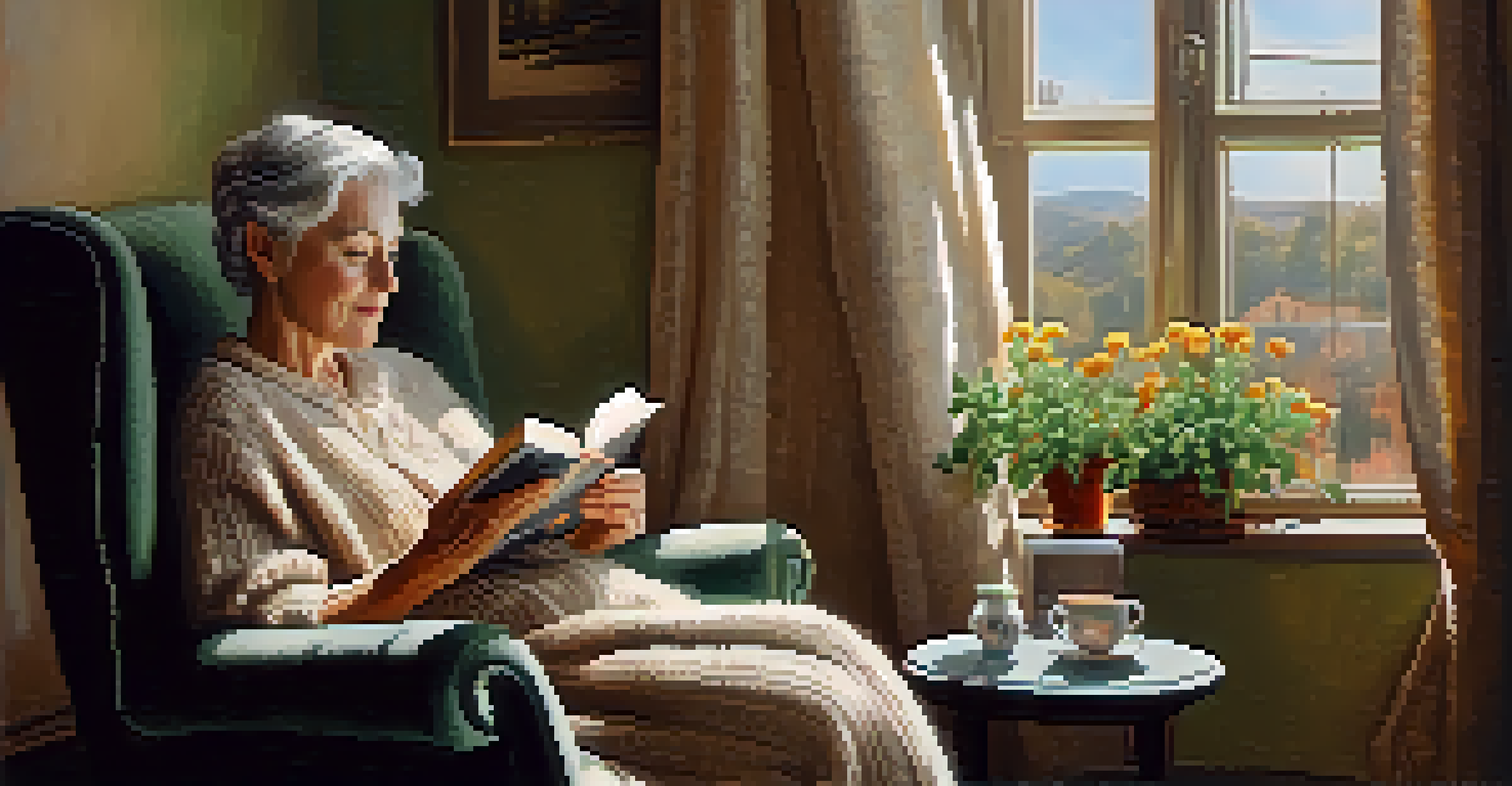 An older woman reading a book in a cozy armchair with a cup of tea and a potted plant nearby, illuminated by soft natural light.