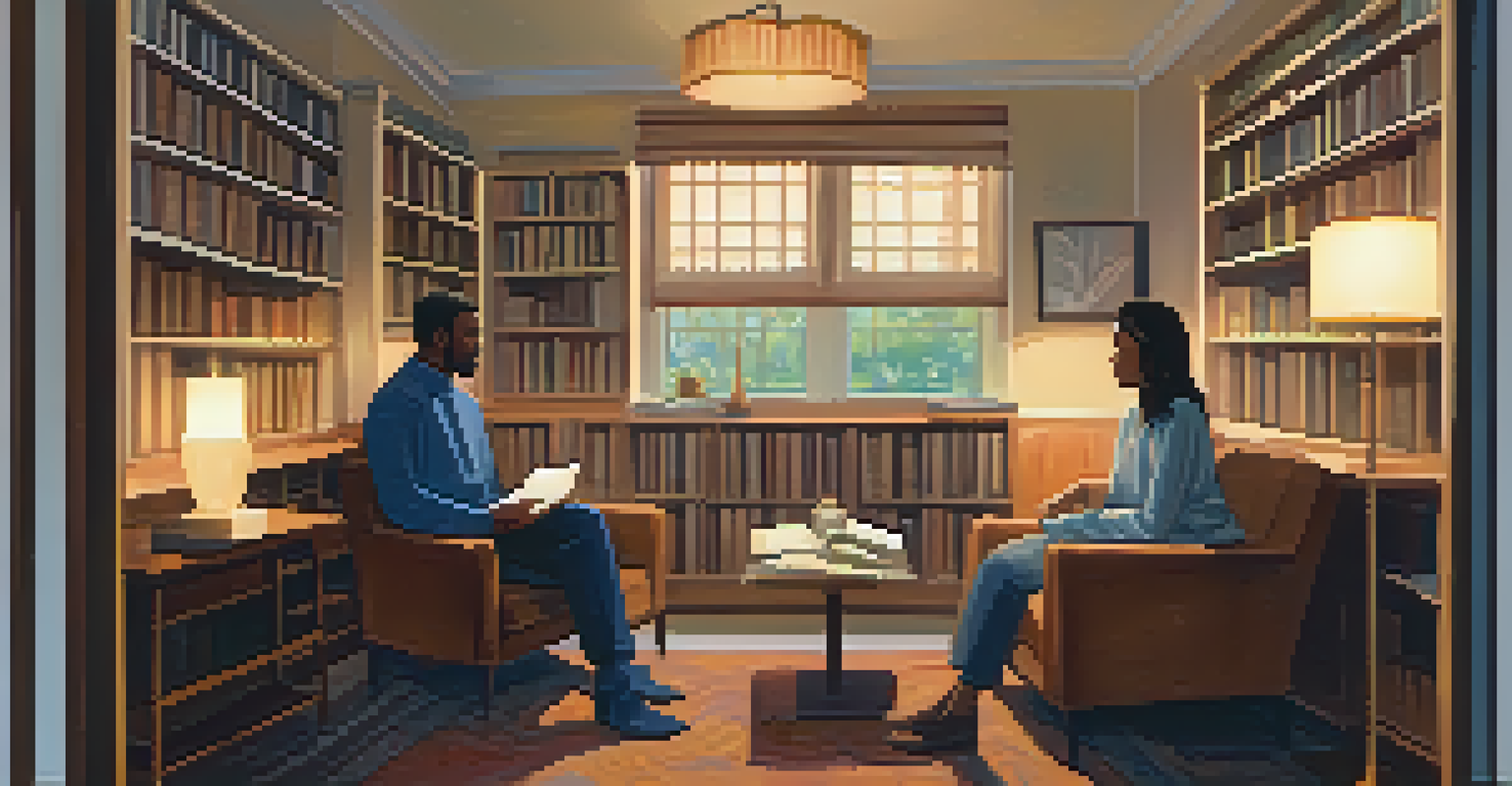 A patient and therapist having a deep conversation in a cozy room filled with books, illuminated by a warm lamp.