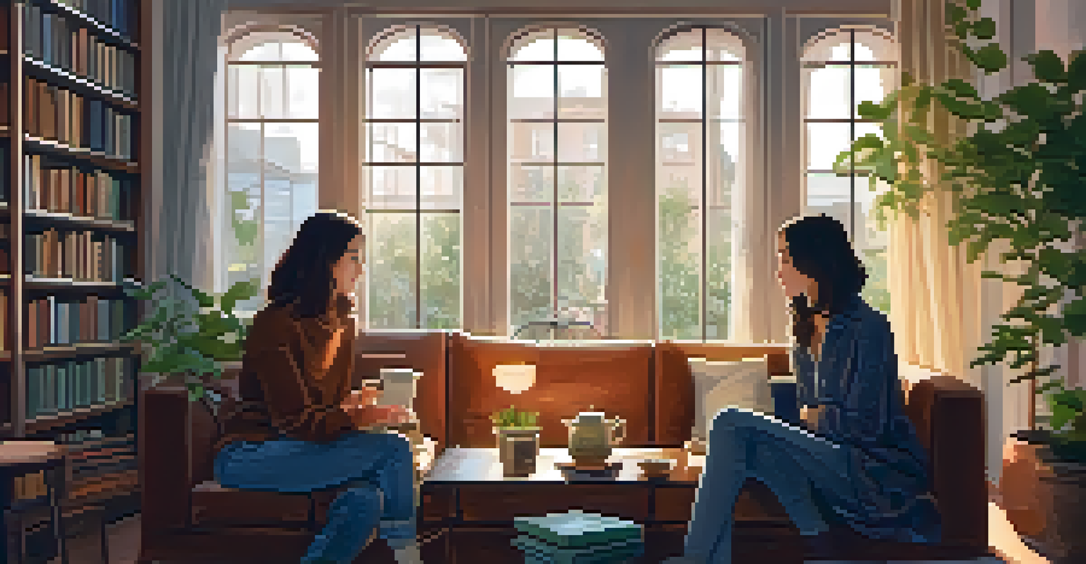 Two friends sitting on a couch, sharing tea in a cozy room filled with plants and warm lighting.