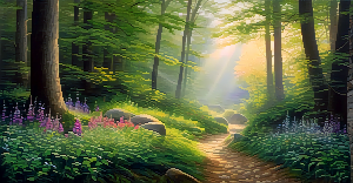 A peaceful forest at dawn with golden light and mist above a stone path surrounded by green foliage and colorful wildflowers.