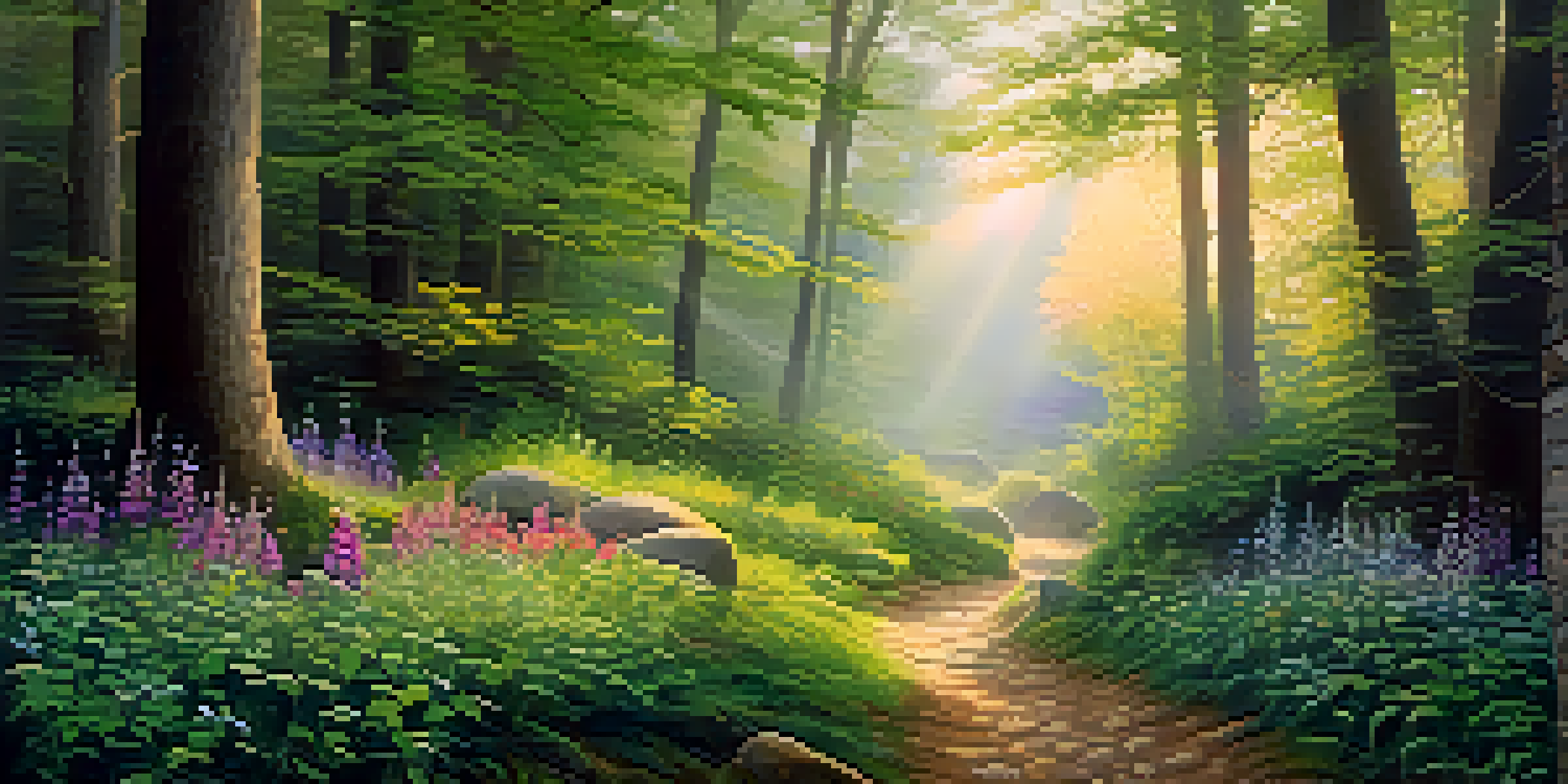 A peaceful forest at dawn with golden light and mist above a stone path surrounded by green foliage and colorful wildflowers.