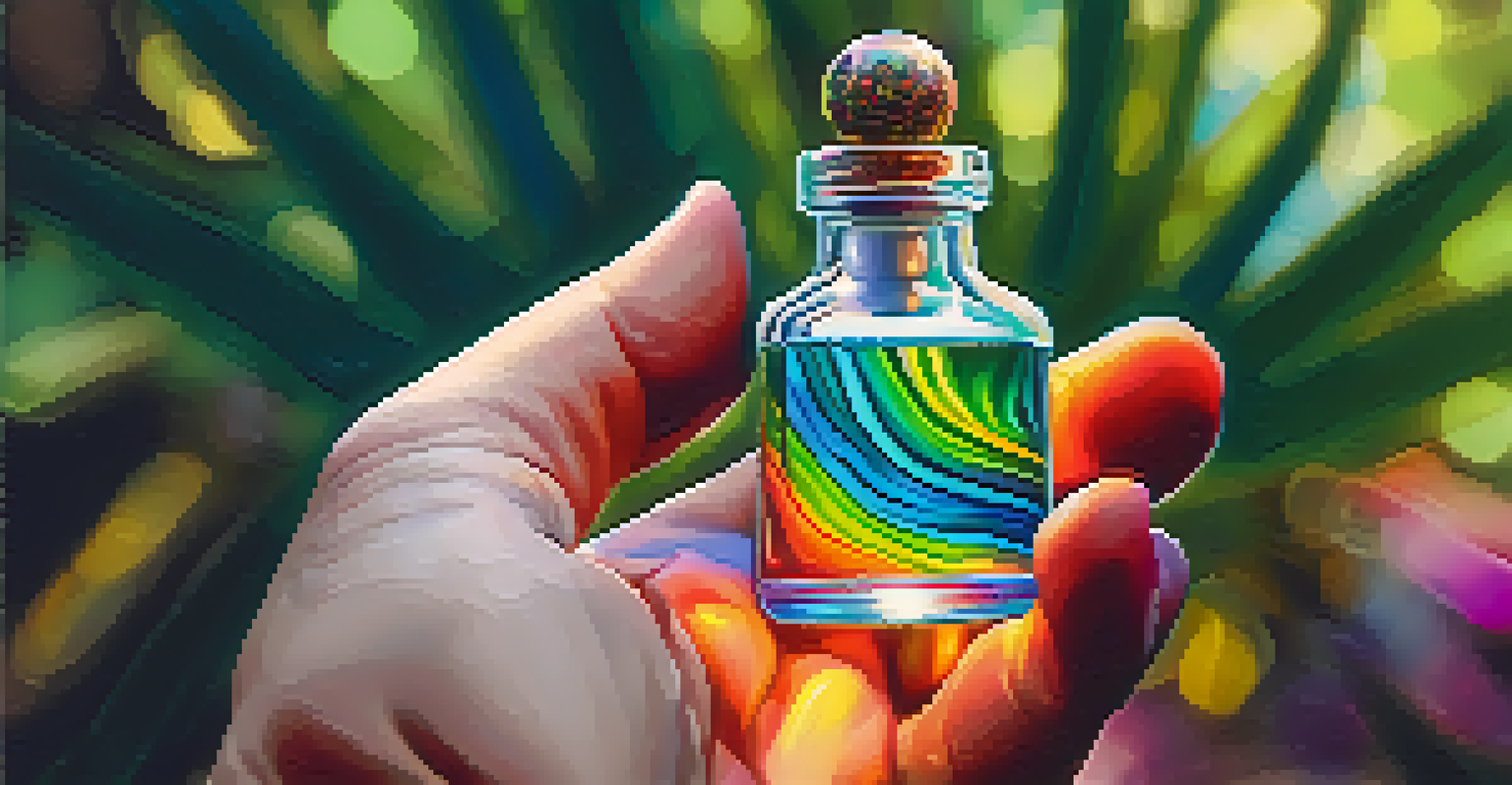 A close-up image of a person holding a colorful glass vial against a blurred natural background, highlighting the relationship between psychedelics and mental health.