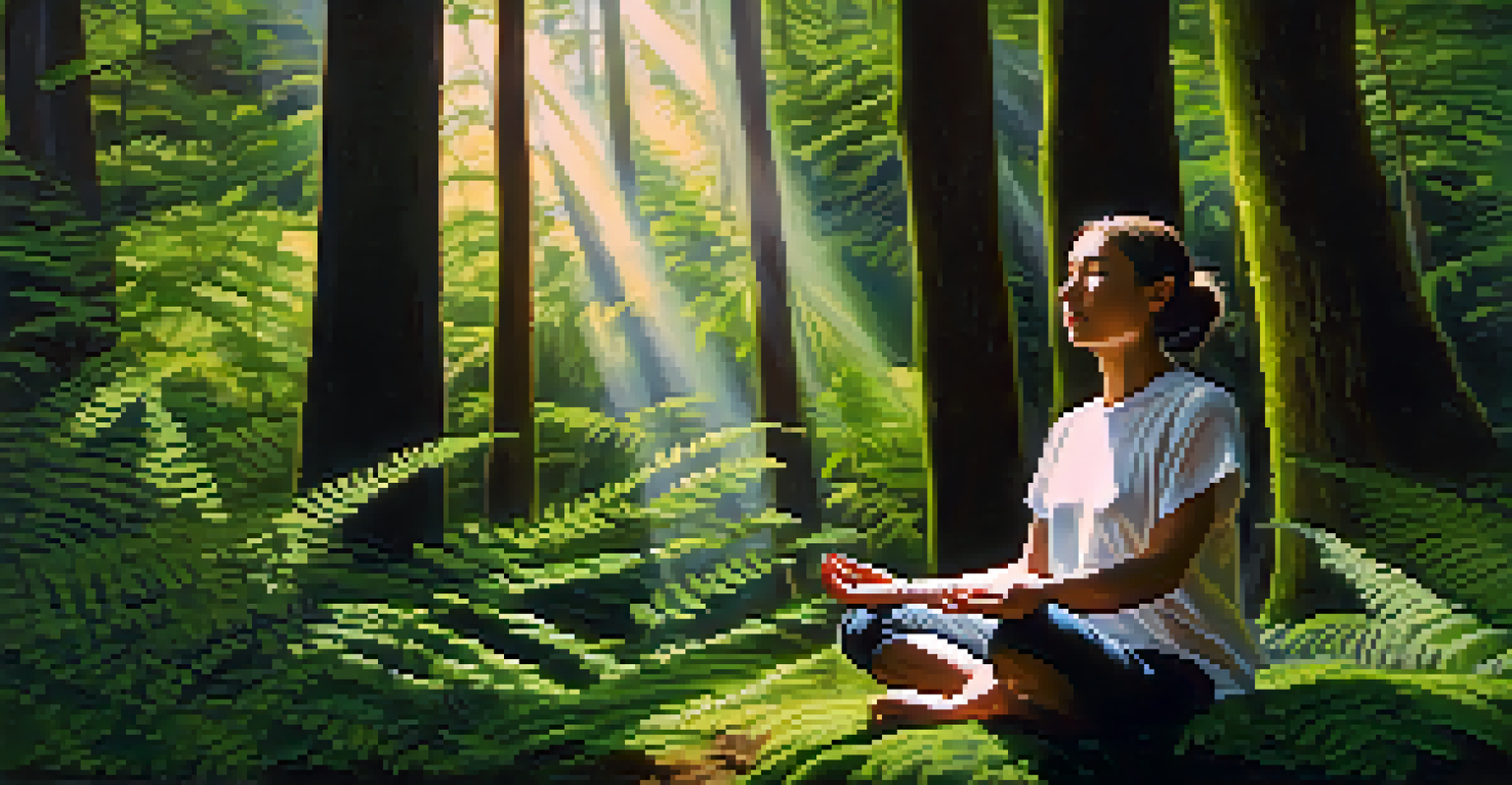 A person meditating in a forest with sunlight filtering through the trees, surrounded by greenery.