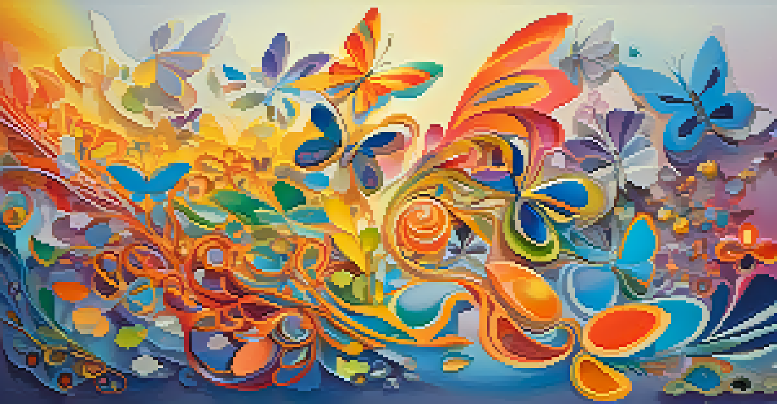 An abstract image depicting a colorful mind journey with swirling shapes, butterflies, and flowers symbolizing self-discovery.