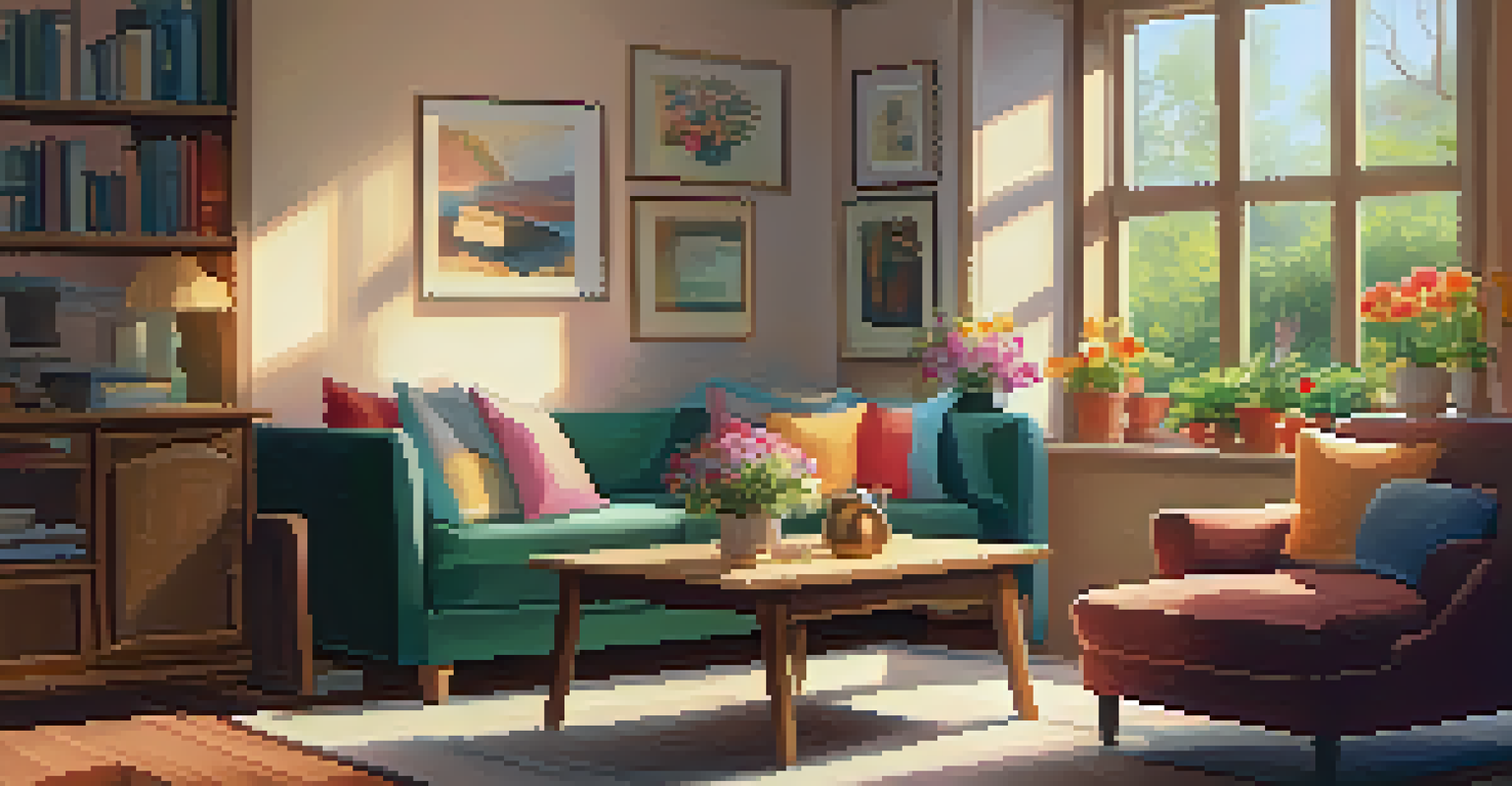 A cozy living room with warm lighting, a plush sofa with colorful pillows, a coffee table with a cup of tea and an open book, and a view of a blooming garden through the window.