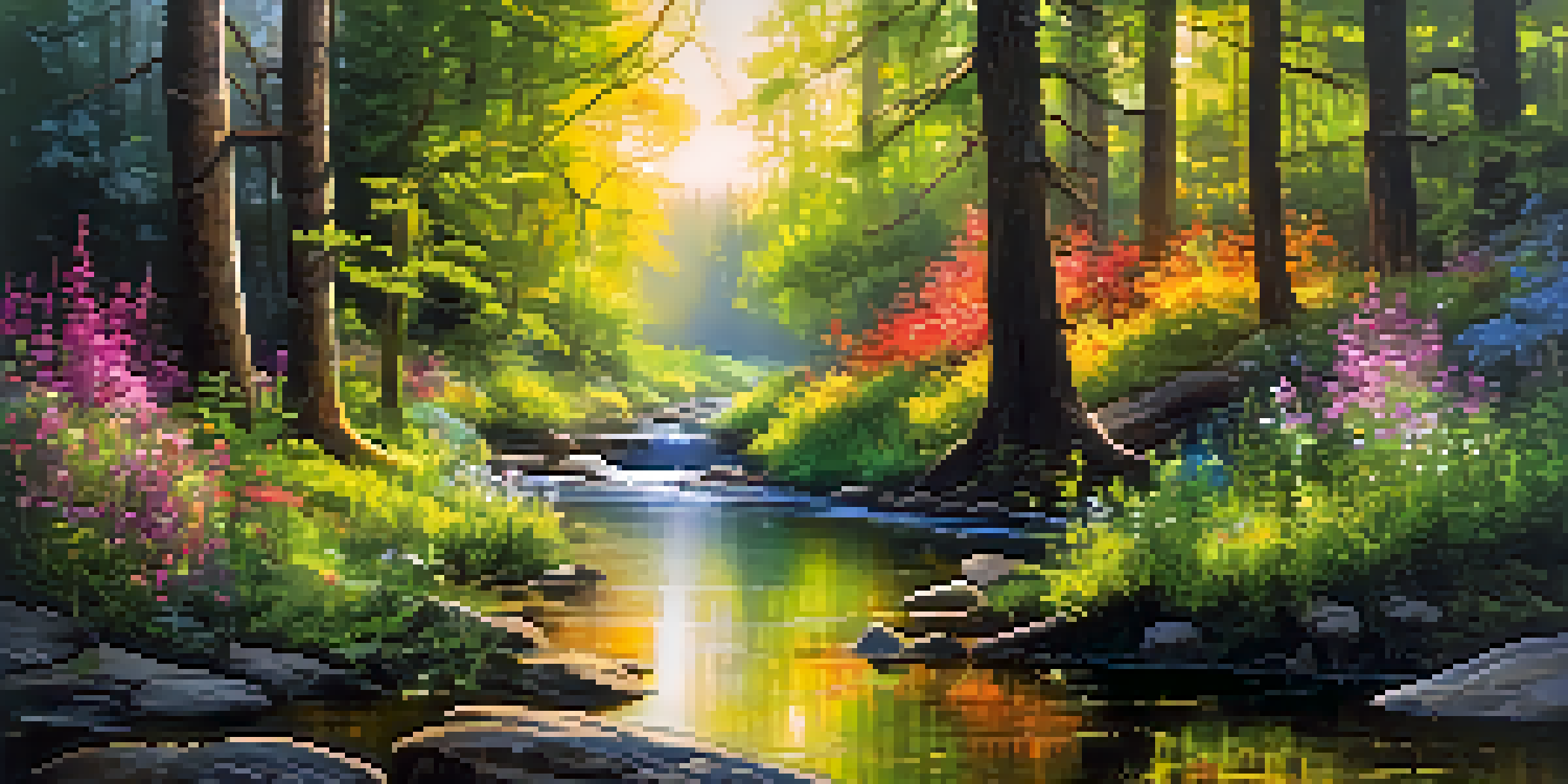 A colorful forest with sunlight filtering through the trees, wildflowers in bloom, and a serene stream, evoking a sense of magic and connection to nature.