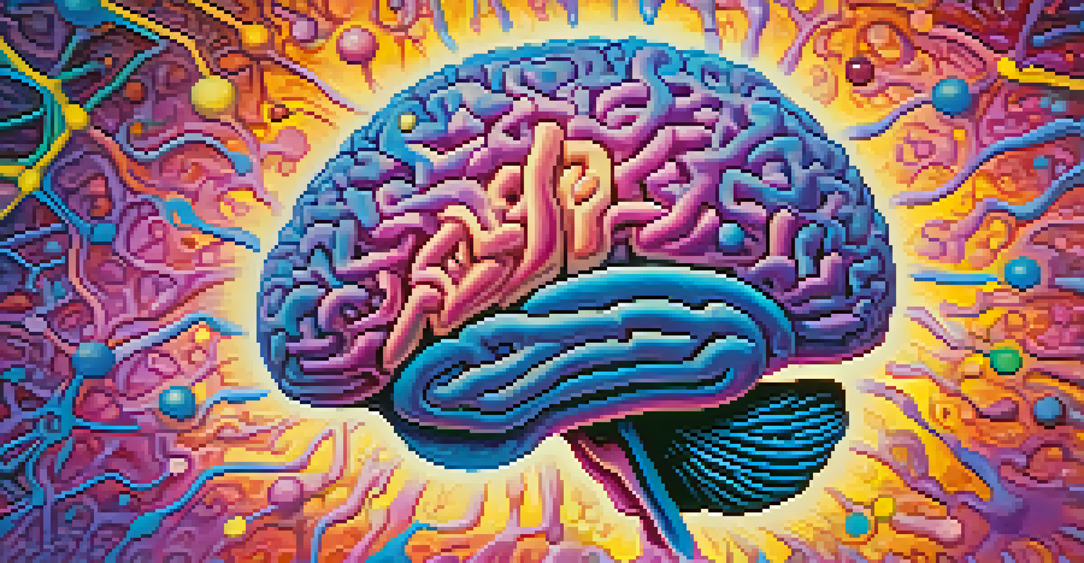 An abstract image of a colorful human brain surrounded by vibrant patterns, depicting psychedelic effects.