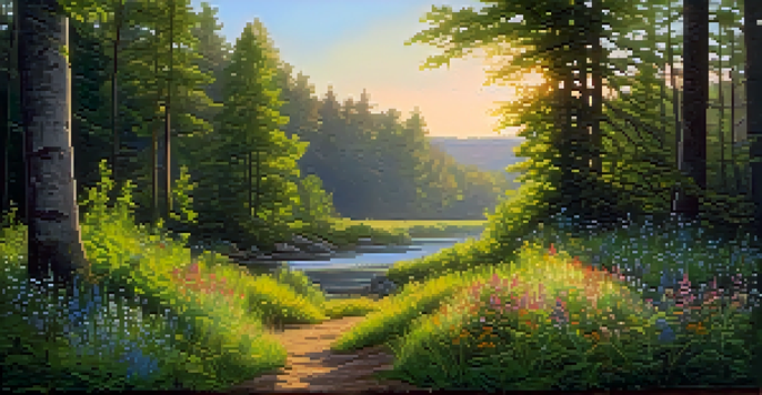 A tranquil forest with sunlight streaming through trees and a circle of wildflowers in a clearing.