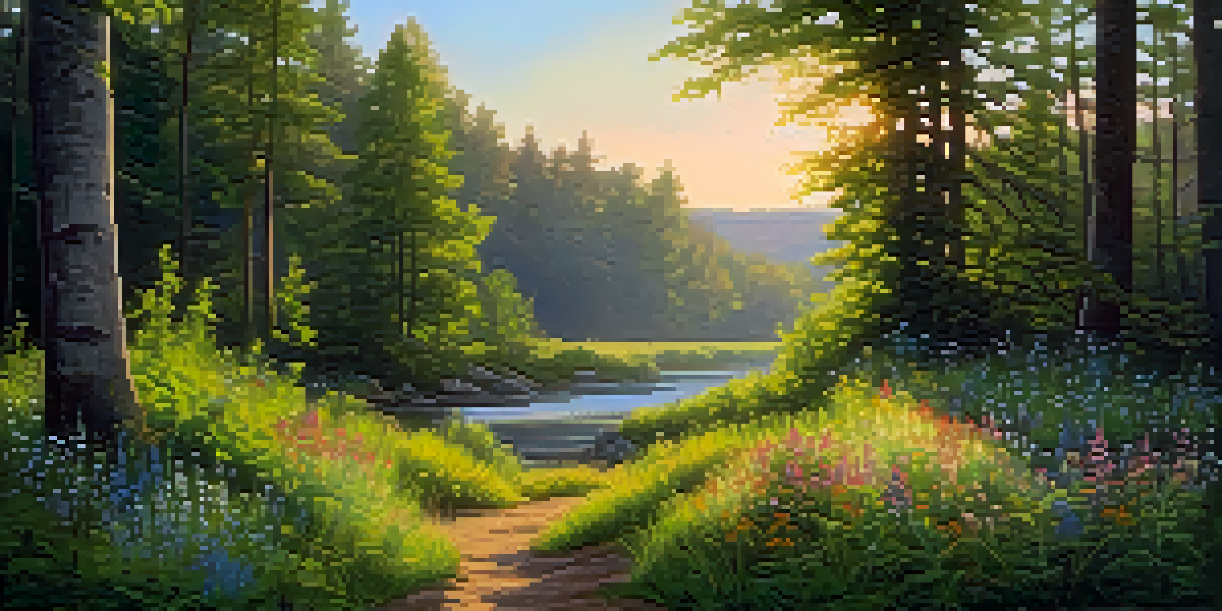 A tranquil forest with sunlight streaming through trees and a circle of wildflowers in a clearing.