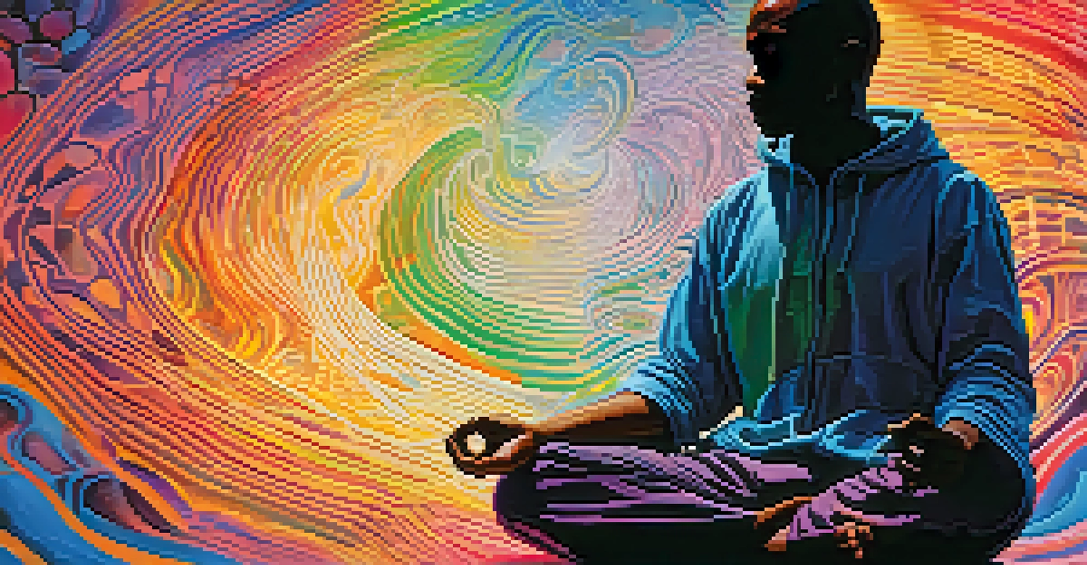 An abstract image showing a silhouette meditating with vibrant colors and swirling patterns representing the mind during therapy.