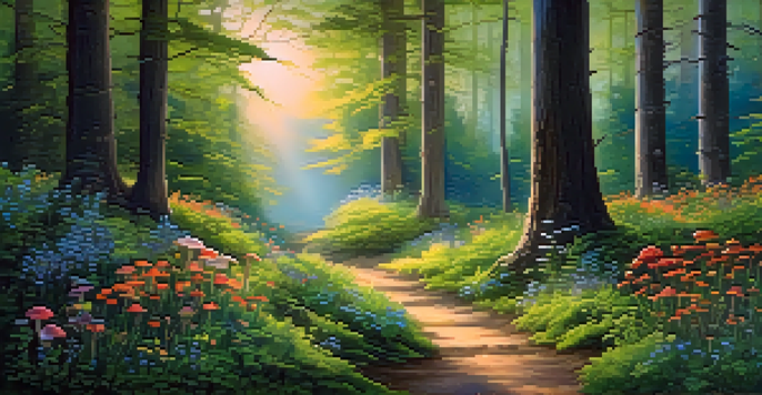 A tranquil forest path illuminated by twilight, surrounded by lush greenery and colorful flowers.