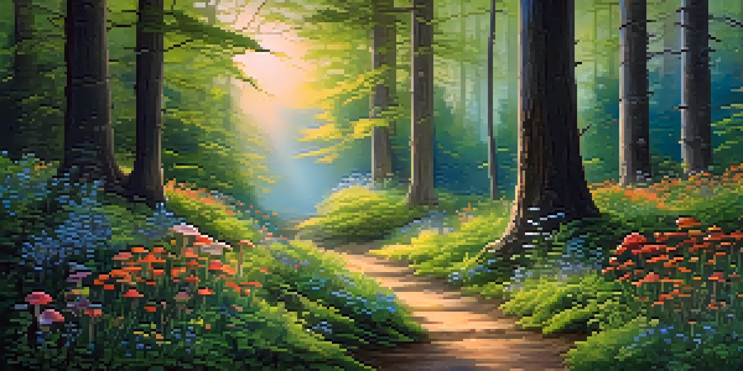 A tranquil forest path illuminated by twilight, surrounded by lush greenery and colorful flowers.