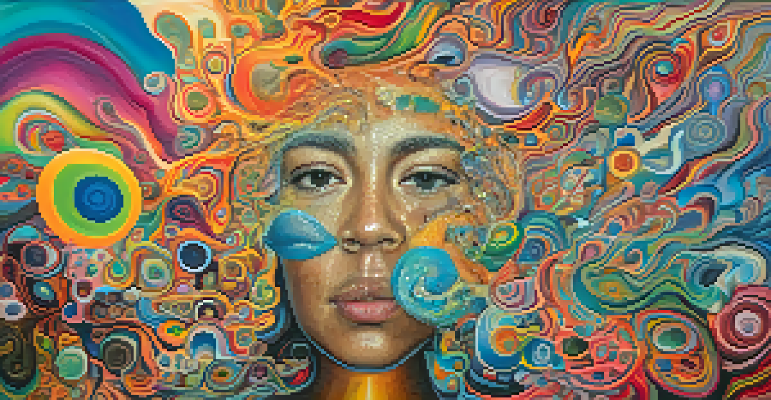 An abstract colorful depiction of emotions during a psychedelic experience, with swirling patterns and nature elements.