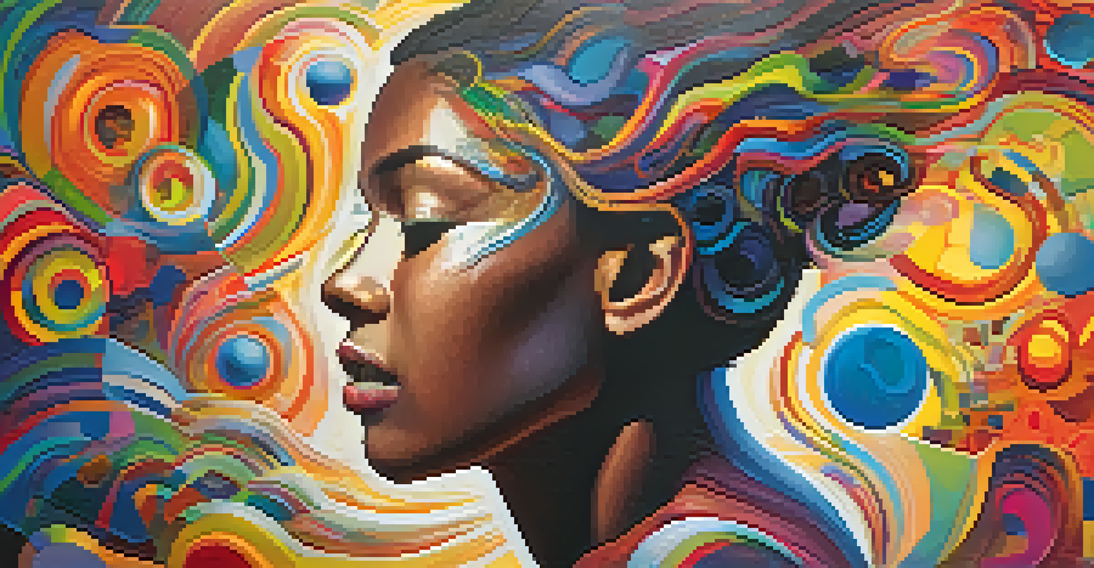 An abstract image of a person thinking deeply, with colorful light patterns representing creativity and insights.
