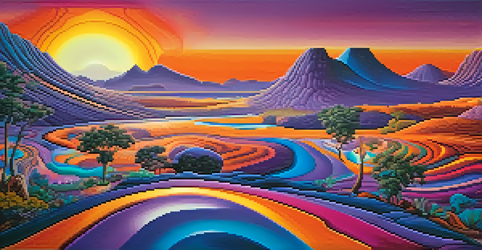 A vibrant and colorful psychedelic landscape with swirling patterns and abstract shapes, featuring a glowing sunset in the background.