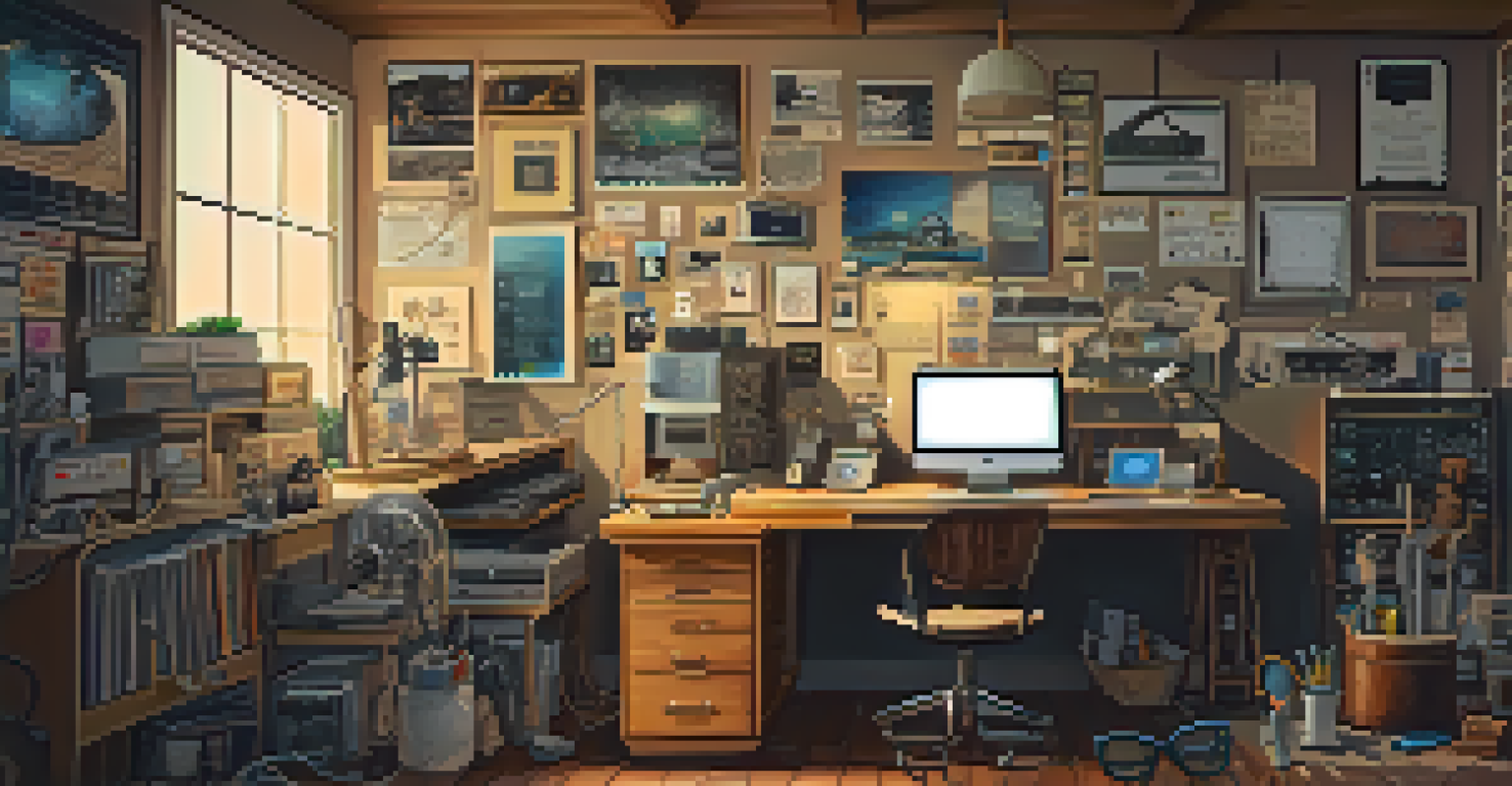 A vintage-style illustration of a creative workspace with gadgets, sketches, and a glowing computer, representing innovation inspired by Steve Jobs.