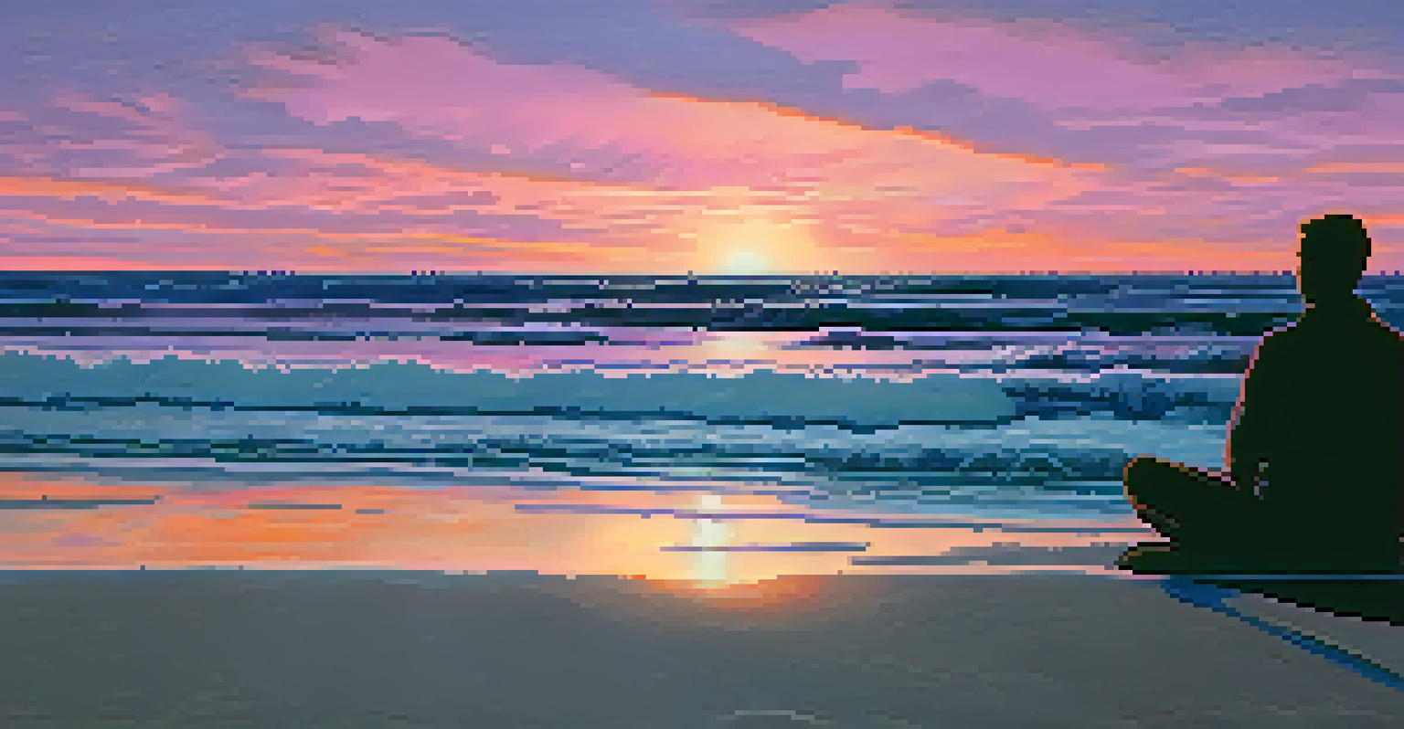 A sunset over the ocean with a silhouette of a person meditating on the beach, creating a peaceful and contemplative atmosphere.