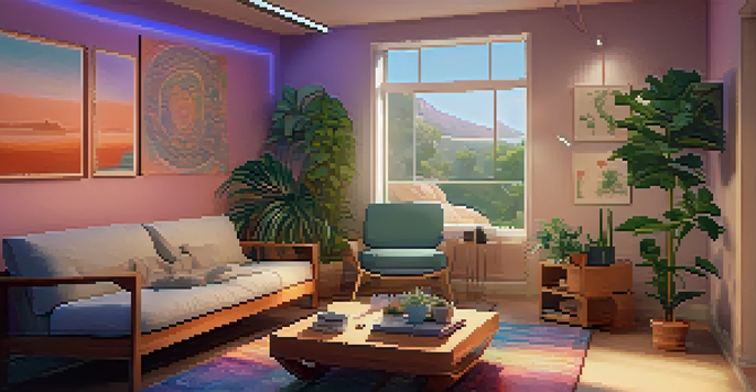 A cozy therapy room with soft lighting, plants, and two people, one therapist and one patient, in a supportive environment.