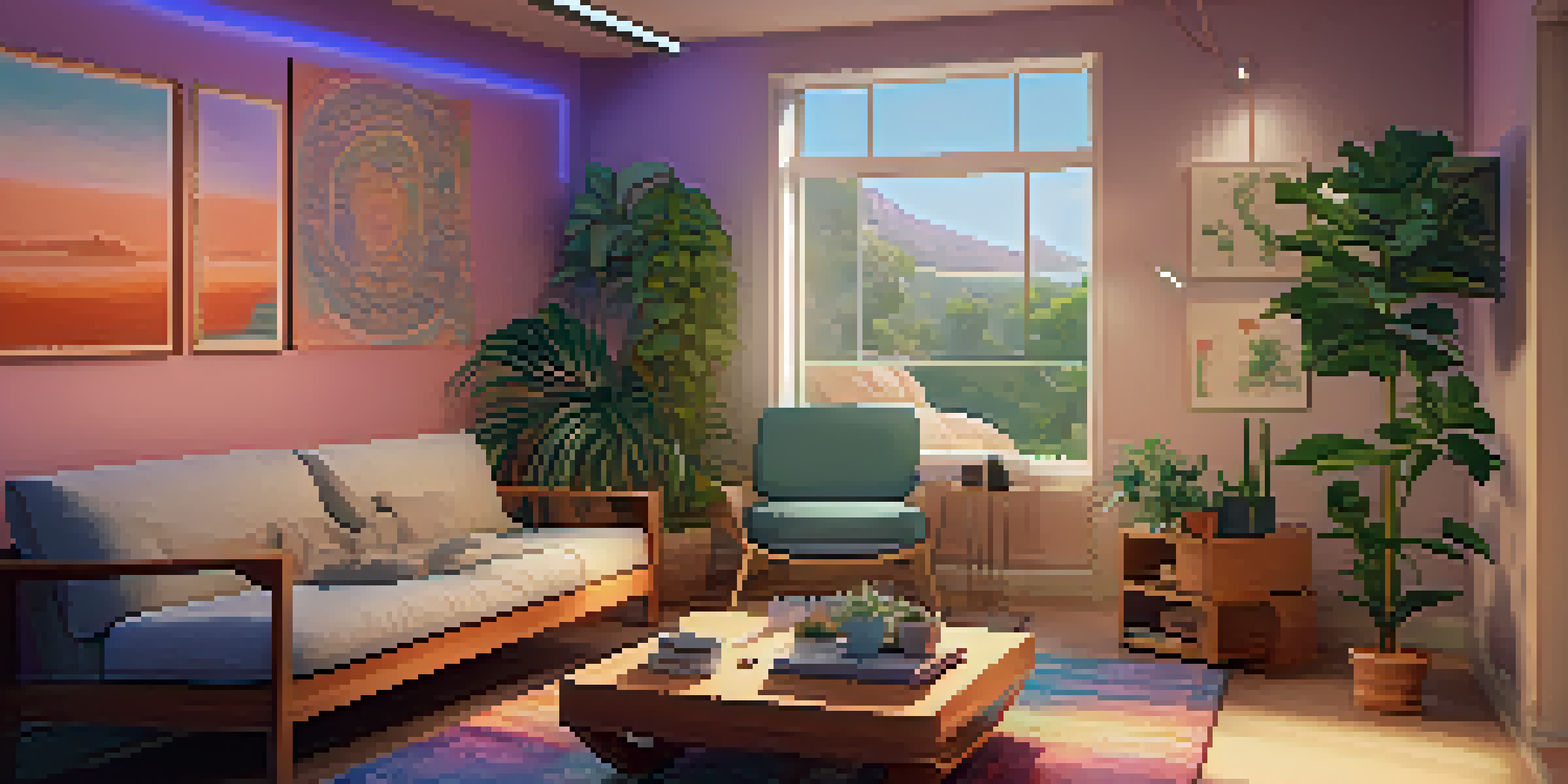 A cozy therapy room with soft lighting, plants, and two people, one therapist and one patient, in a supportive environment.