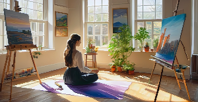 A tranquil art therapy studio with sunlight streaming through windows, an individual painting at an easel surrounded by colorful artworks and plants.