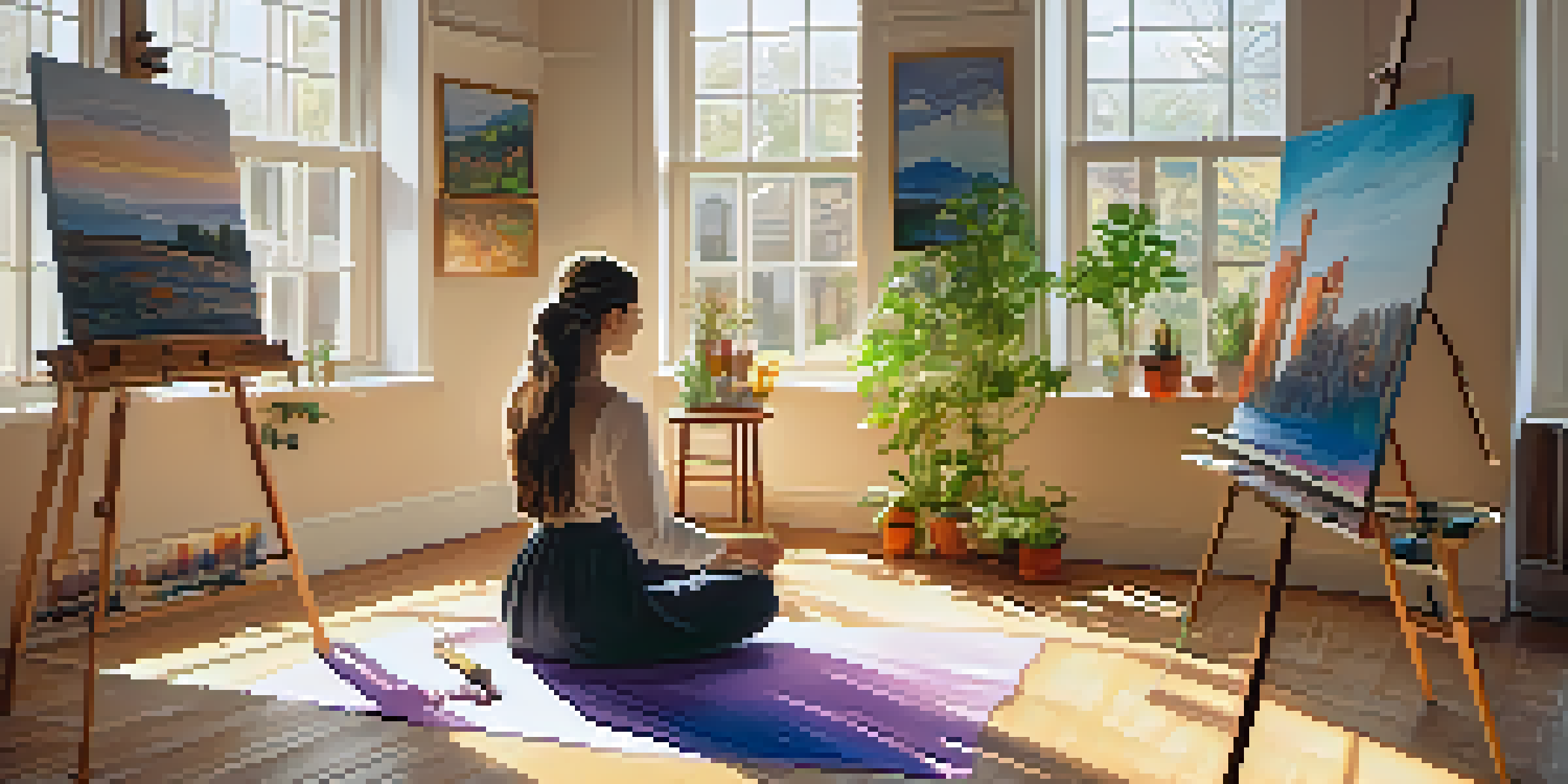 A tranquil art therapy studio with sunlight streaming through windows, an individual painting at an easel surrounded by colorful artworks and plants.
