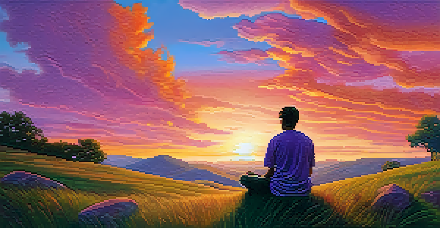 A person sitting cross-legged on a hill at sunset, surrounded by colorful skies and nature, reflecting a sense of peace.