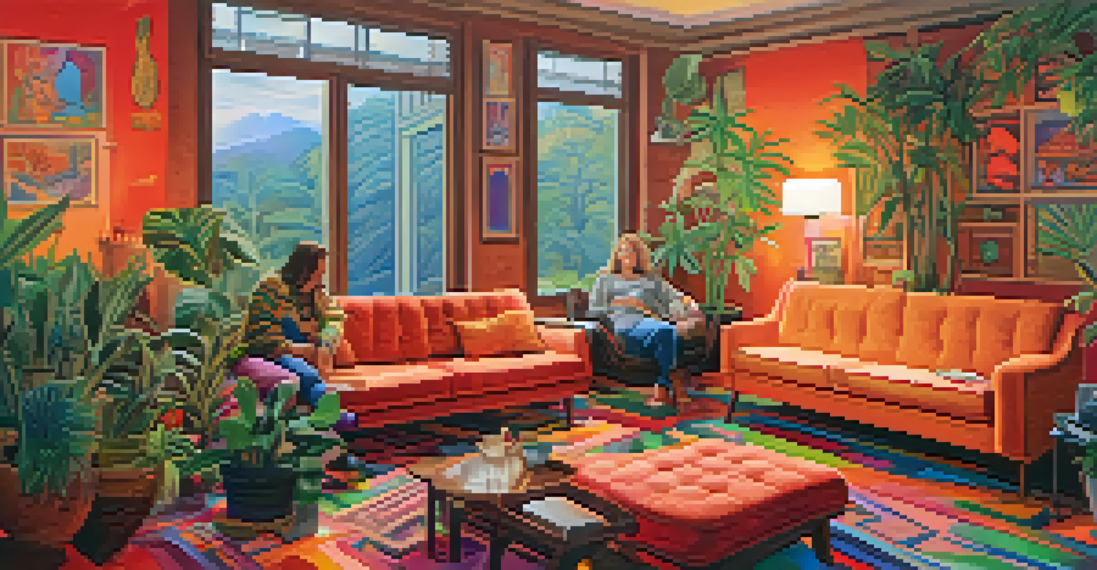 A cozy therapy room with a therapist and client in a supportive embrace, surrounded by plants and colorful artwork.