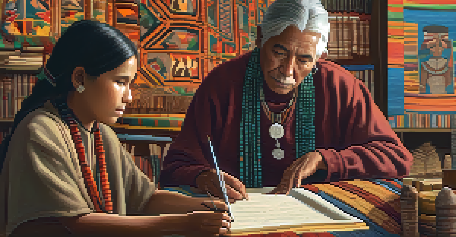 An Indigenous elder and a young researcher discussing cultural artifacts in a warmly lit room.