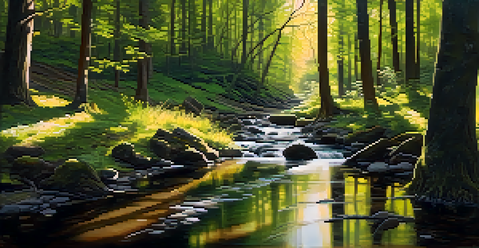 A peaceful forest scene with sunlight filtering through trees and a gently flowing stream.