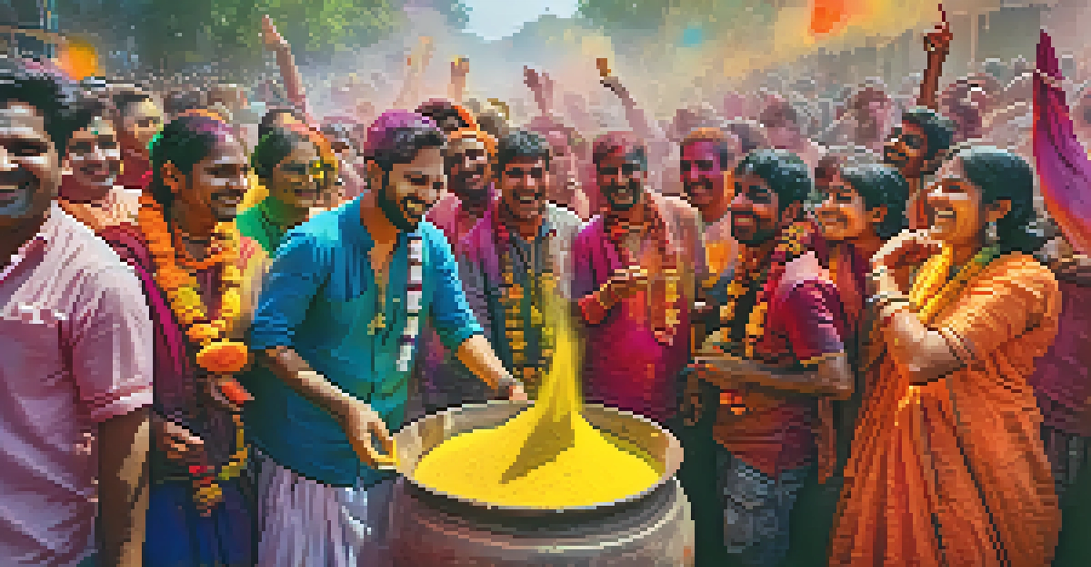 Hindu devotees celebrating Holi with colorful powders and bhang drinks, filled with joy and vibrant colors in a sunny atmosphere.