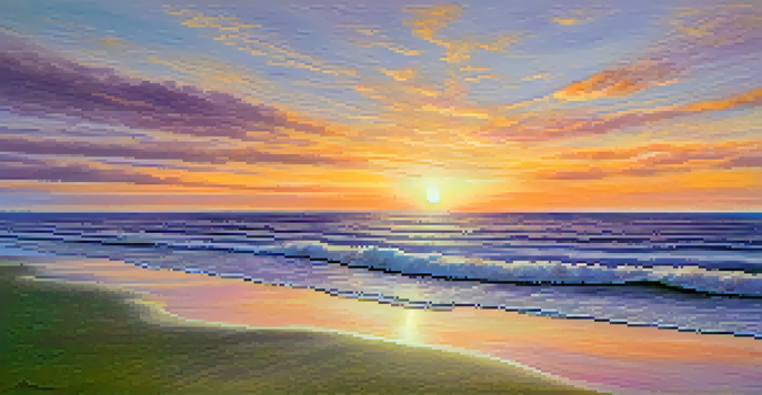 A peaceful beach at sunset with a figure standing at the water's edge, arms outstretched, reflecting a sense of unity with nature.