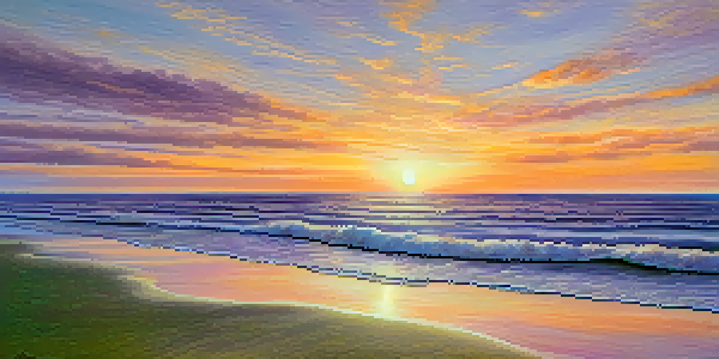 A peaceful beach at sunset with a figure standing at the water's edge, arms outstretched, reflecting a sense of unity with nature.