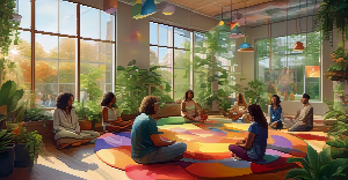 A diverse group of people sitting in a circle in a cozy urban community center, participating in a guided therapy session with plants and artwork around them.