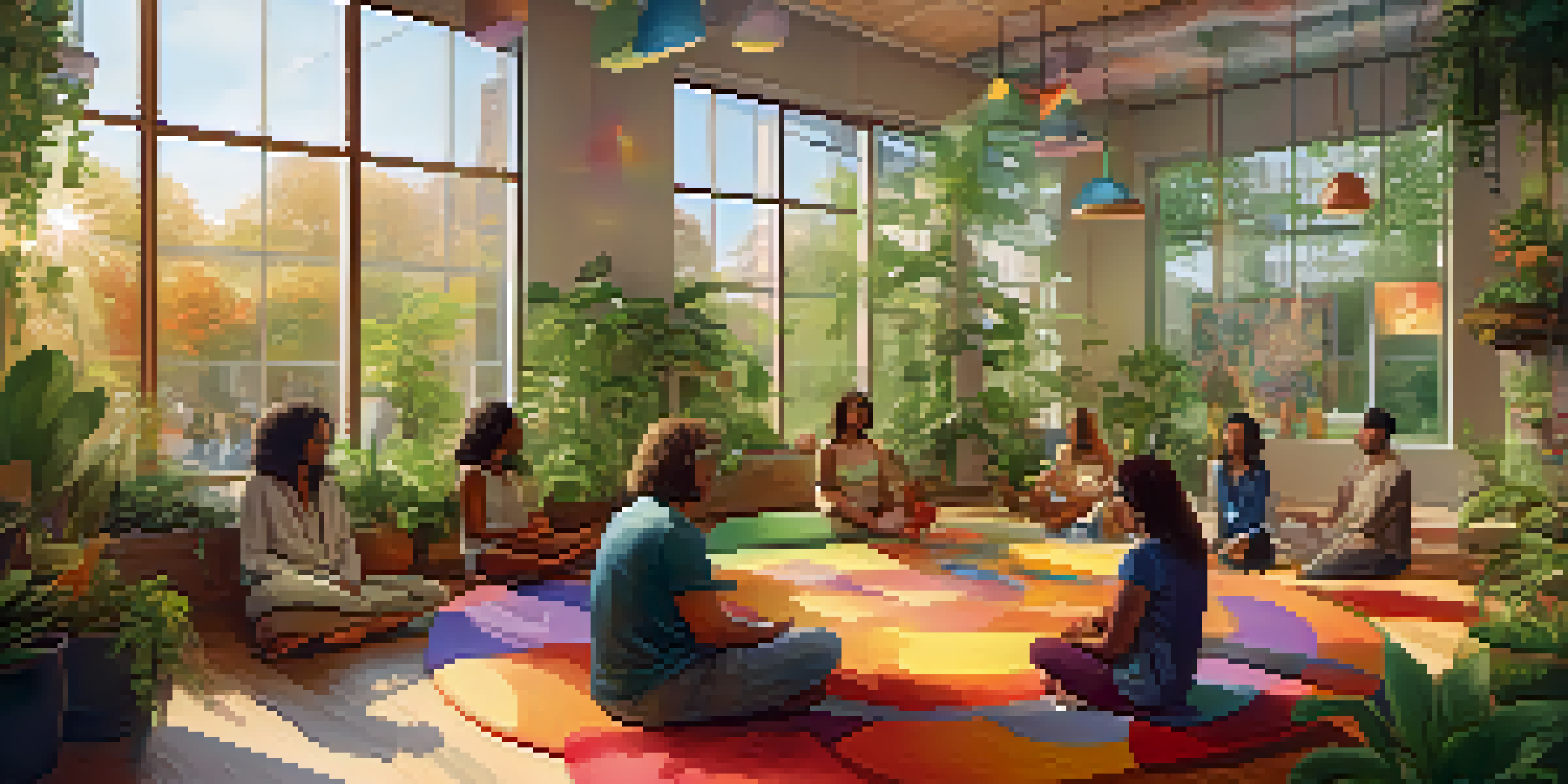 A diverse group of people sitting in a circle in a cozy urban community center, participating in a guided therapy session with plants and artwork around them.