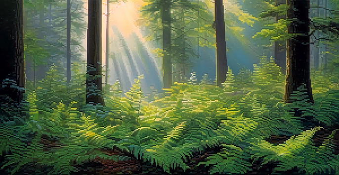 A serene forest at dawn with sunlight filtering through trees and mist in the background.