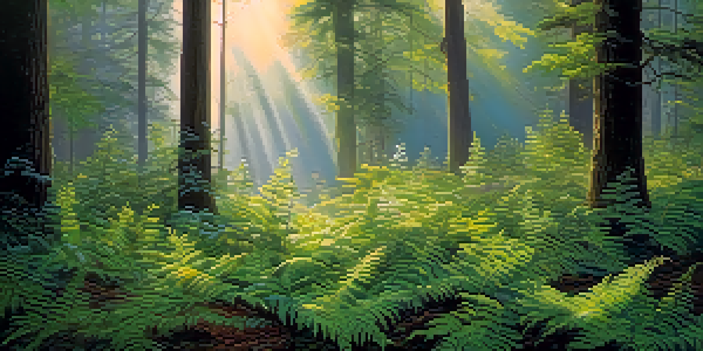 A serene forest at dawn with sunlight filtering through trees and mist in the background.