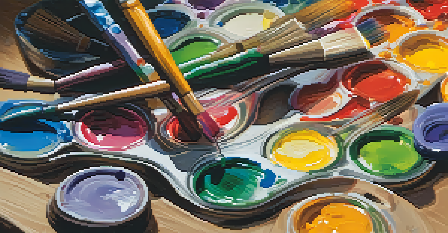 A close-up of a colorful painter's palette with vibrant paint splashes and brushes beside it, illuminated by soft light on a wooden table.