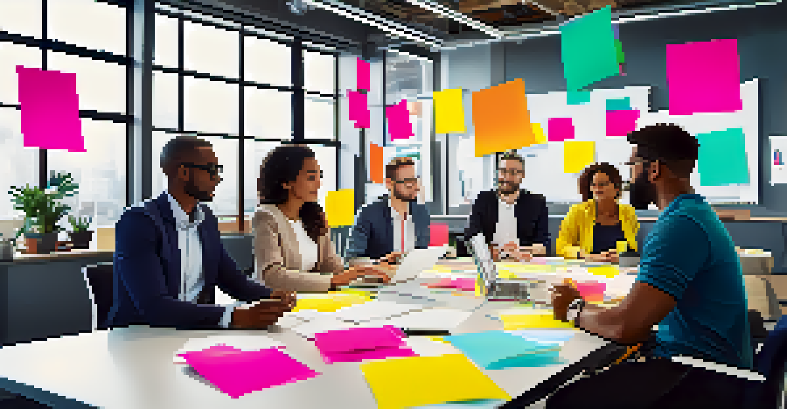A diverse group of colleagues collaborating in an office, surrounded by laptops and sticky notes, fostering a creative environment.