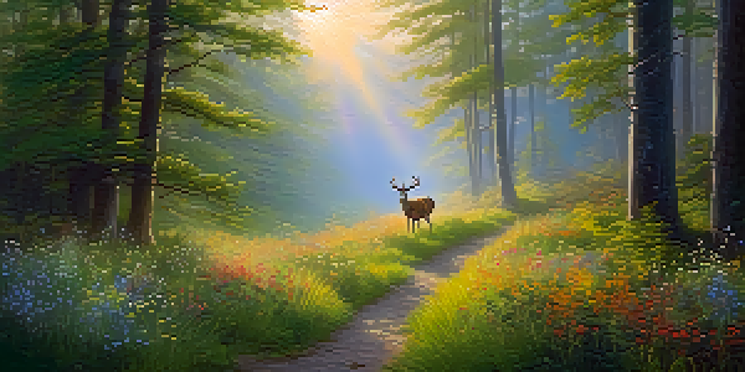 A peaceful forest scene at dawn with golden light, a winding path, wildflowers, and a deer.