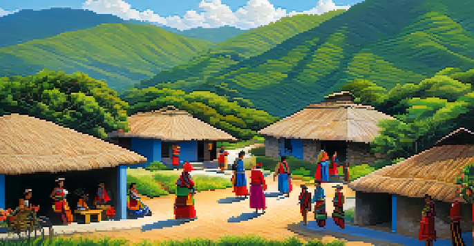 A picturesque Mazatec village in the mountains of Oaxaca, featuring traditional houses and people in colorful attire gathering in nature.
