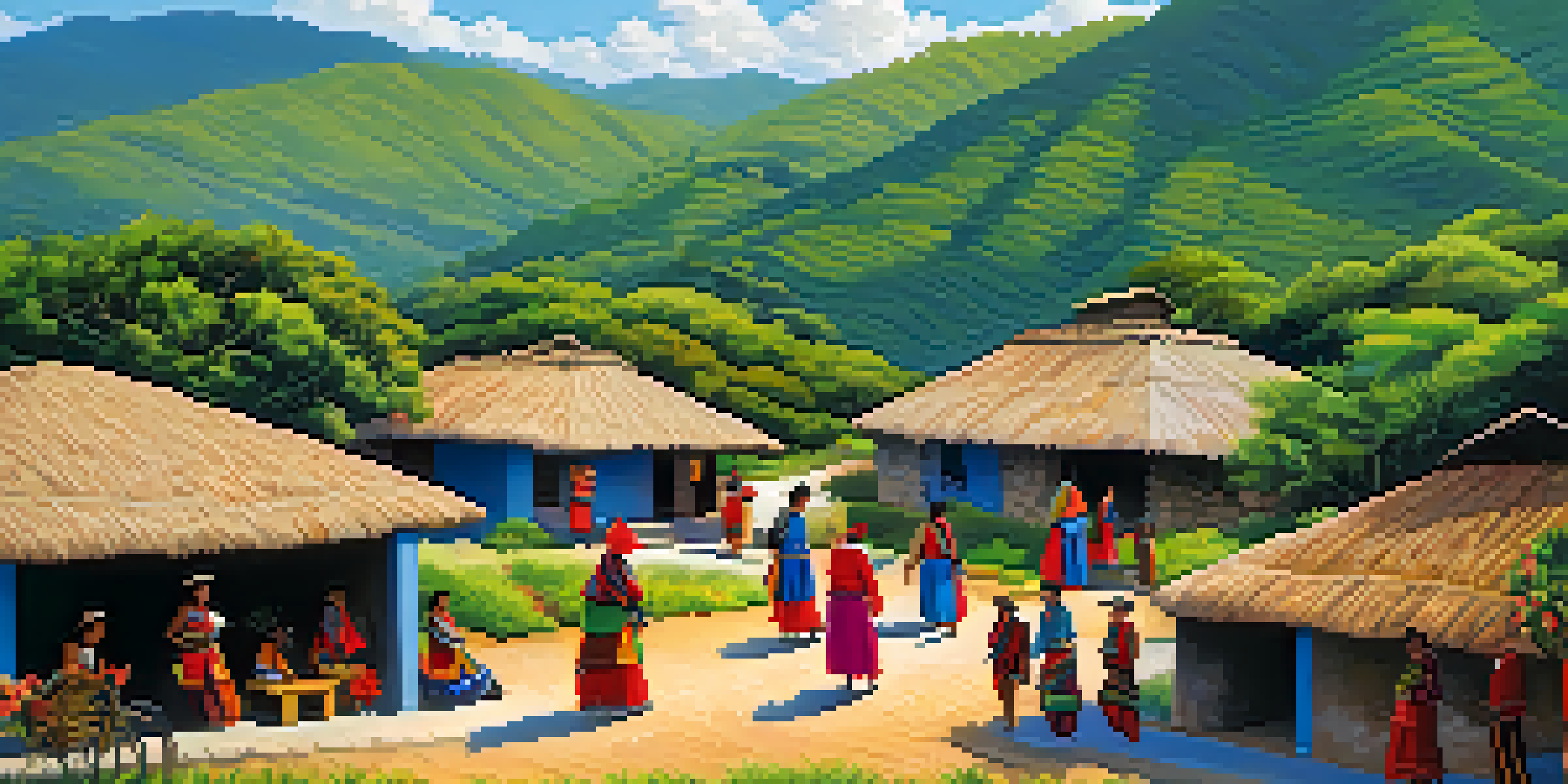A picturesque Mazatec village in the mountains of Oaxaca, featuring traditional houses and people in colorful attire gathering in nature.
