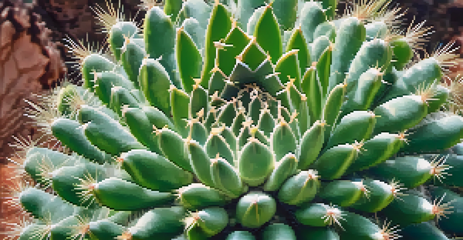 Close-up of a peyote cactus with detailed spines and vibrant green color in a desert setting.