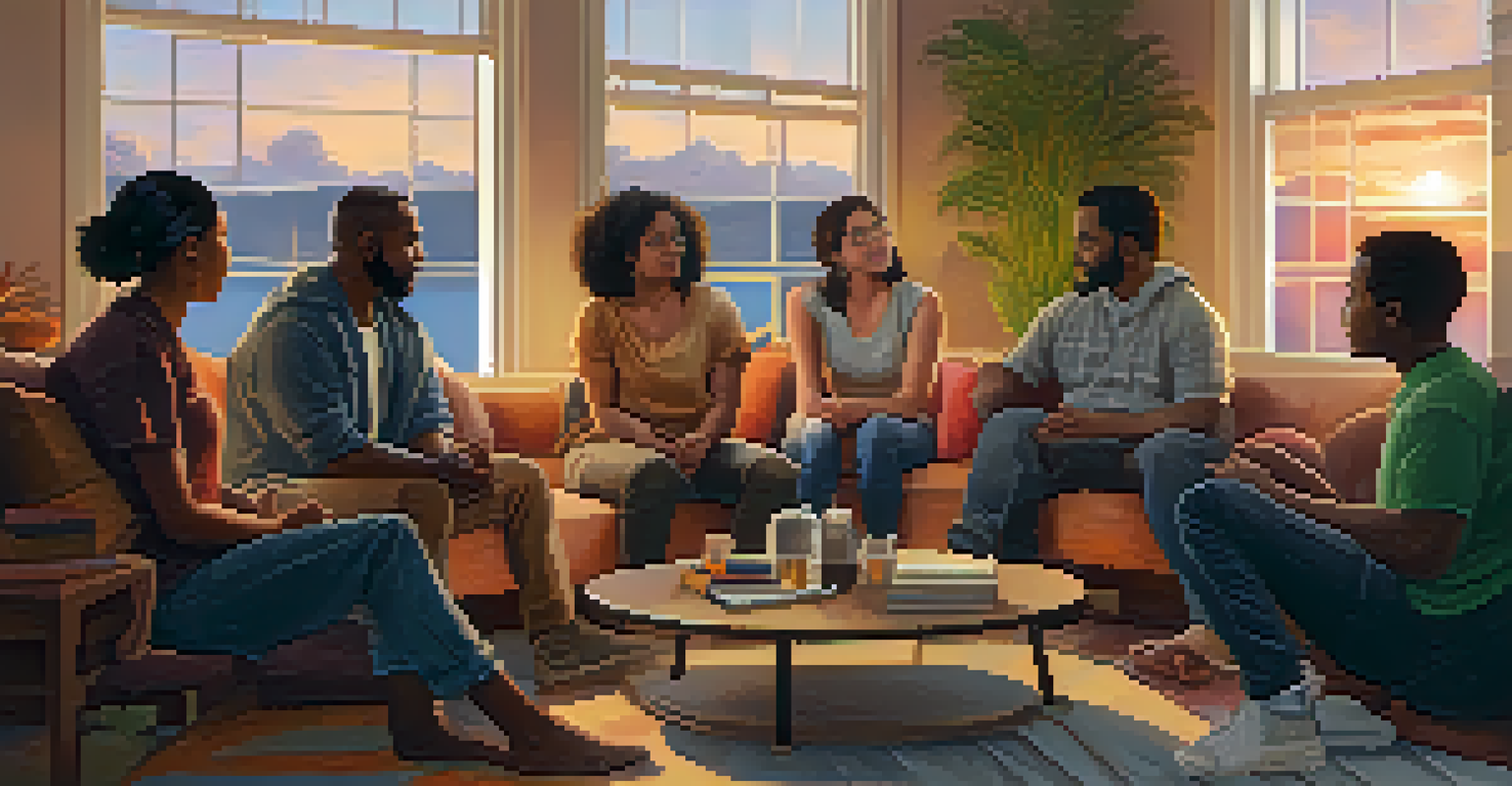 A group of diverse individuals sitting in a circle in a warm room, discussing and sharing experiences.